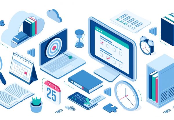 Isometric icons cloud with books, computer and smartphone, office supplies, alarm clock and table calendar, folder with files, clips. Infographics elements for web site design, 3d vector isolated set